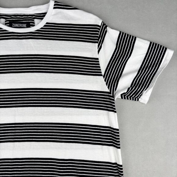 Zanerobe Shirt Mens M White Black Striped Crewneck Casual Cotton Long‎ Tee GUC - Picture 4 of 9